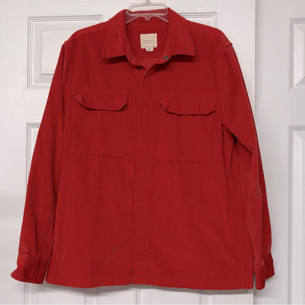 AEO Red Snap Front Corduroy Relaxed Shirt Jacket Shacket with Pockets Sz L